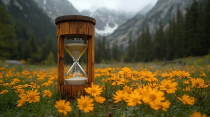 Wooden hourglass in a field of yellow wildflowers amidst a mountainous landscape.