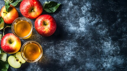 Fresh apples and apple juice on dark background, top view