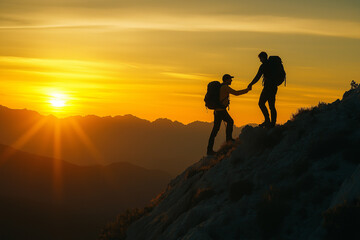 Teamwork at Sunset: Hikers Helping Each Other Reach the Summit