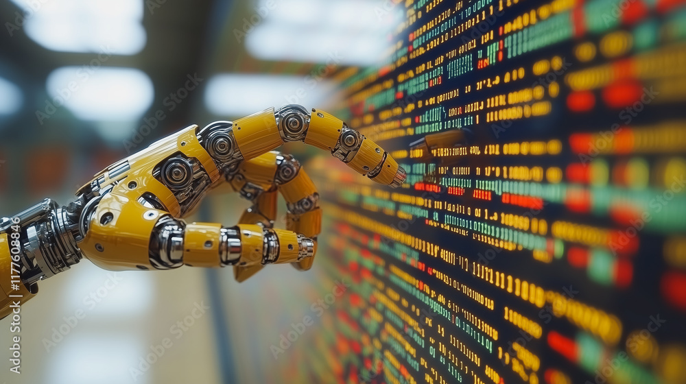 Poster the future of automation: a close-up shot of a robotic hand, its metallic fingers delicately interac