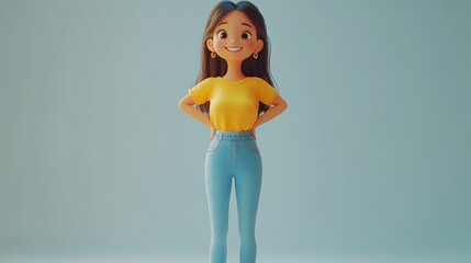 A cheerful 3D rendered character with heart earrings in yellow top and jeans poses confidently against a light blue backdrop