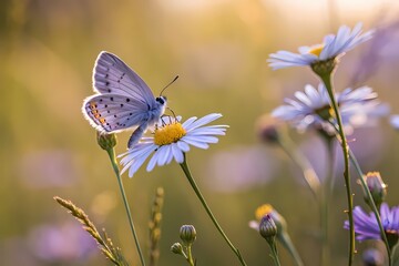 Delicate Butterfly Resting on a Daisy in a Sunlit Meadow