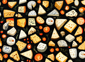 Assorted cheese and tomatoes composition on black background for culinary design concept