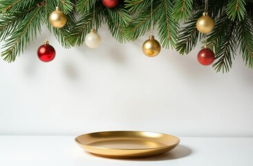 Empty gold plate under Christmas tree, space for goods and text. 