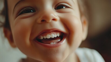 A cheerful little child displaying a wide grin filled with happiness, showcasing their bright eyes and playful spirit, captured in a cozy indoor setting during the afternoon