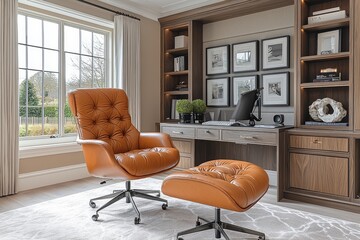 A minimalist workspace equipped with a comfortable chair and plenty of natural light. Decorative items on the desk give the area a unique vibe