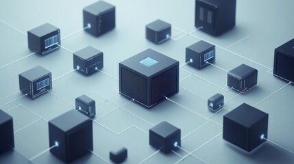 Obraz premium A network of black cubes with glowing connections is displayed on a soft backdrop, symbolizing advanced technology and data exchange. The arrangement allows for clear messaging and branding