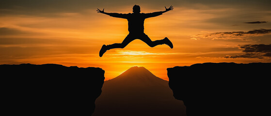 Leap of Faith: Silhouette of a man jumping over a chasm at sunset, Mount Fuji in the background. A powerful image representing courage, overcoming challenges, and achieving the impossible. 