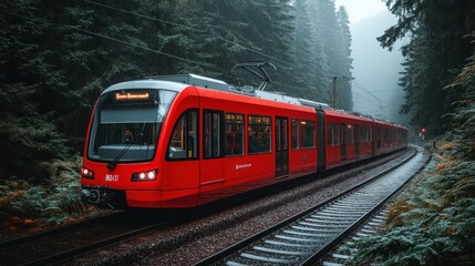 Obraz premium Red train moving through a misty forest on a rainy day.