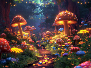 An enchanting chocolate glade illuminated by soft, glowing lights, with chocolate mushrooms and candy flowers dotting the landscape, where colorful jellybeans and chocolate critters add a whimsical to