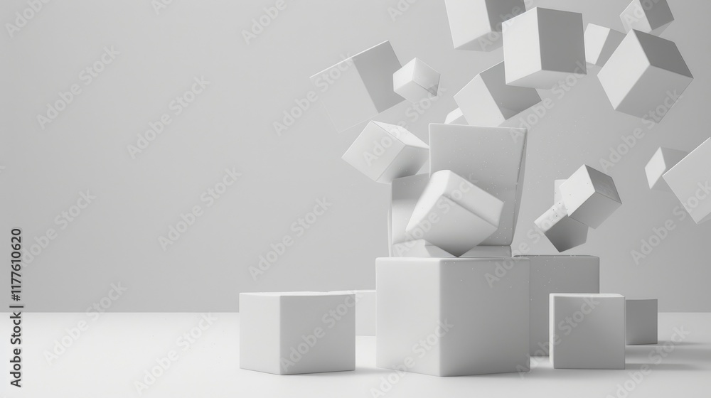 Aufkleber a captivating composition of white boxes appearing to fall from above, set against a minimalist back