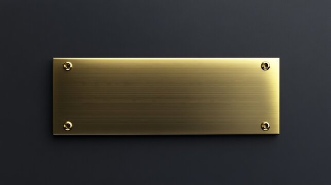 A clean gold nameplate displayed on a dark surface, featuring a brushed metal finish. Ideal for labeling desks or doors, it adds a touch of elegance and professionalism