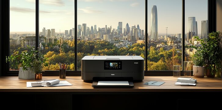 A sleek laptop and printer sit on an uncluttered desk, illuminated by natural light and offering a view of a vibrant city skyline