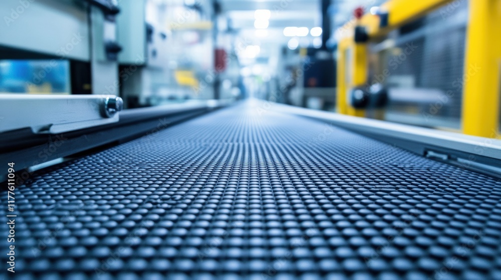 Poster industrial conveyor belt system transporting goods within a modern factory, highlighting advanced au