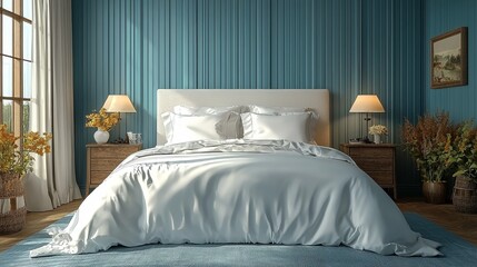 Delve into a hyper-realistic image of a serene, uncluttered bedroom adorned with pristine white linens, ideal for embodying tranquility and simplicity in interior design