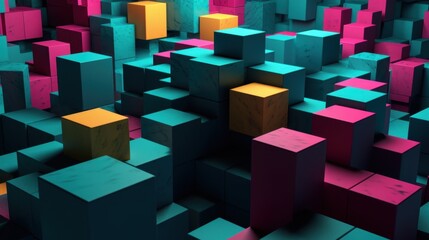 Obraz premium Abstract 3D Render of Colorful Cubes: A Vivid Geometric Composition of Teal, Pink, and Yellow Blocks
