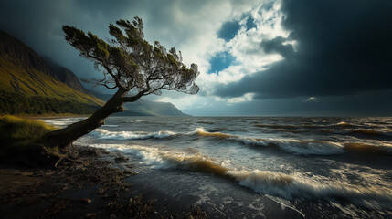 A tree torn by winds and storms on the seashore.