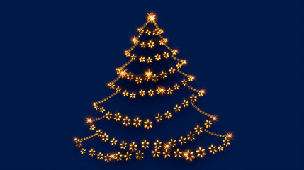 Golden bokeh lights creating the shape of a glowing Christmas tree against a dark blue background. Magical holiday spirit concept.