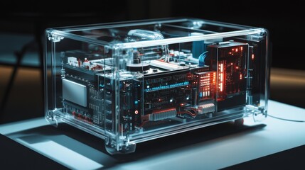 Complex quantum computing system showcasing advanced technology and processing power within a transparent casing, illuminated by vibrant lights in a dark environment