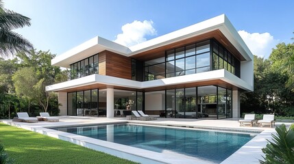 Fototapeta premium Modern two-story house with elegant design showcasing clean lines