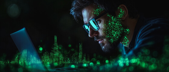 The Digital Alchemist: A man in glasses, bathed in the glow of his laptop screen, is engrossed in the intricate world of code, the digital landscape swirling around him.