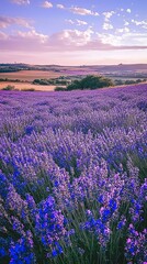 Fototapeta premium Lavender Field Sunset: Serene Purple Blooms at Golden Hour