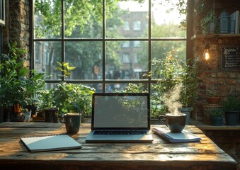 Bright morning light bathes a clean wooden desk, with Google Sheets opened on a laptop, a steaming cup of coffee, and neatly scattered notes, suggesting productivity and focused calm