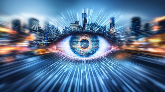 Digital effects transform the human eye, giving it the appearance of glimpsing the future through a sea of data