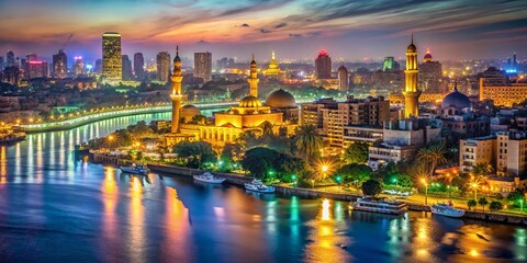 Fototapeta premium Night Photography in Cairo, Egypt: Illuminating the City's Ancient Wonders