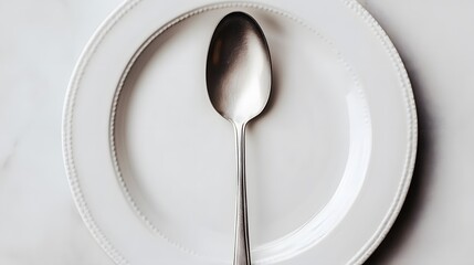 Empty white plate with silverware on a dining table setting