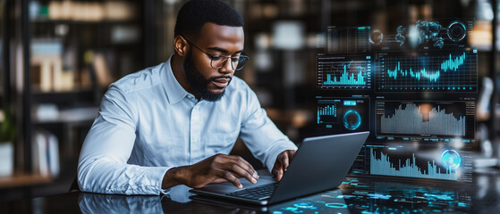 Focused Analyst:  A determined businessman analyzes data on his laptop, surrounded by dynamic holographic charts and graphs, symbolizing insightful business decisions and technological prowess.