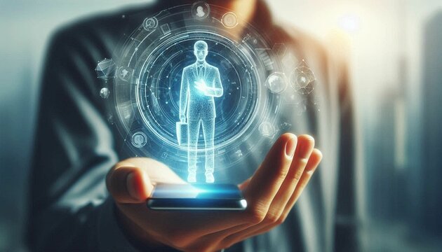 a person calling somebody on a phone through a futuristic hologram video call