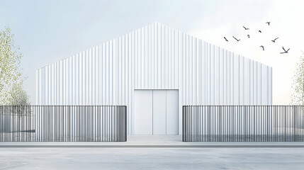 Fototapeta premium Modern minimalist white building with a black metal fence, birds flying overhead, architectural design.