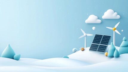 Renewable energy solutions solar panels and wind turbines in a digital ecosystem winter landscape digital art inspirational viewpoint