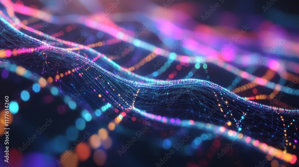 Poster complex particle structures creating a vibrant digital landscape, showcasing an abstract fusion of t