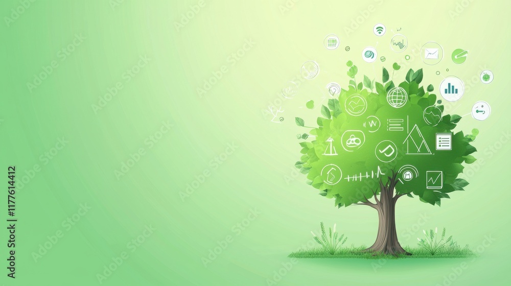 Aufkleber digital tree visualizing growth metrics in a green environment infographic style nature-inspired des