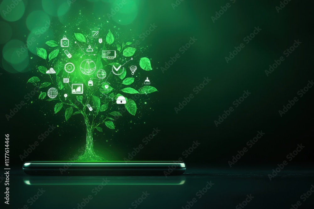 Poster digital tree of life emerging from smartphone nature and technology fusion indoor environment concep