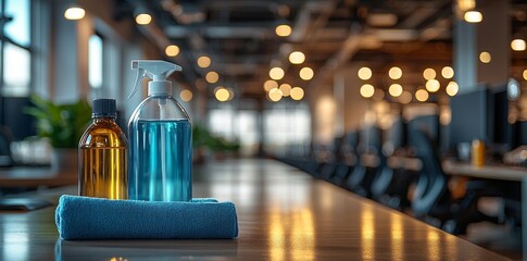 A disinfectant spray bottle and a microfiber cloth are placed on an orderly office desk, with a sanitized computer keyboard and mouse nearby, emphasizing cleanliness and hygiene