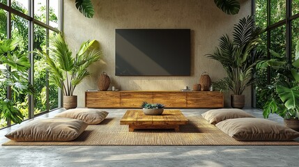 A tranquil Japandi living room with wooden features, gentle lighting, and a clutter-free design for ease