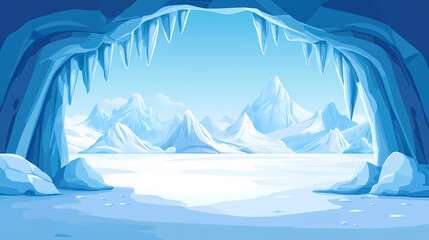 Frozen arctic landscape with ice archway and snowcapped mountains. frozen glacier. illustration. Snowcap. Illustration