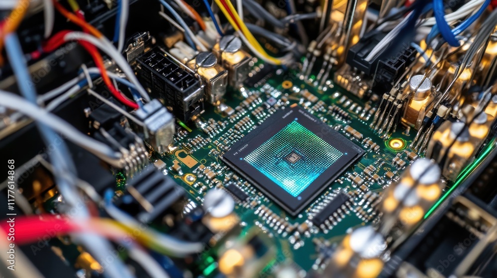 Poster close up of an electronic circuit board showing a microchip, cables, and other components, highlight