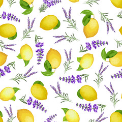 Yellow lemons and lavender.Vector pattern with branches of lemons and lavender on a white background.