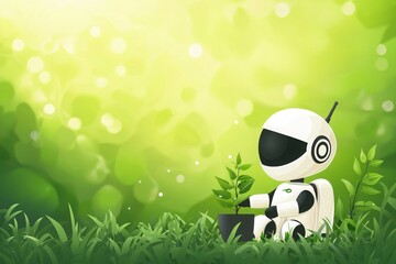 Friendly robot planting trees in a futuristic environment nature scene vibrant greenery whimsical viewpoint eco-friendly concept