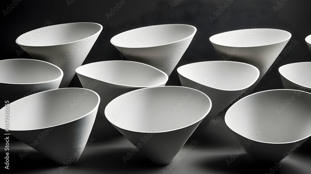 Poster abstract grayscale image of multiple inverted conical bowls, showcasing elegant design and minimalis