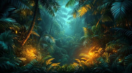 Illustration of a lush tropical forest setting, featuring a diverse array of green leaves such as ferns, palms, and monstera, resulting in a vibrant and immersive natural scene