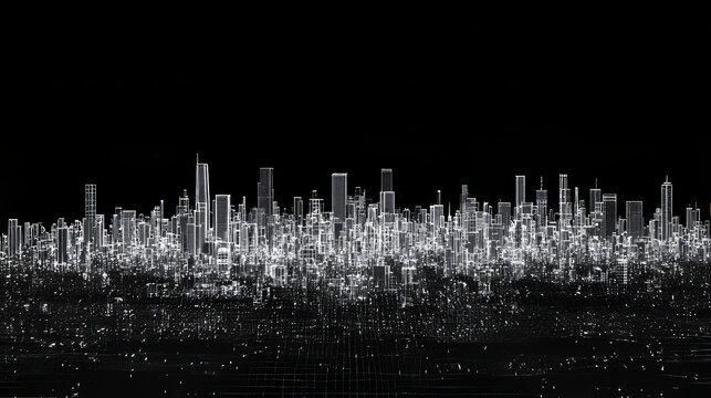 Futuristic black-and-white digital art featuring a reference grid, fine details, high-contrast shadows, a sleek and minimalist approach, combining elements of the past and future