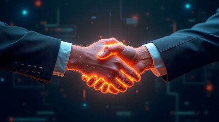 A futuristic concept of cyber diplomacy: two glowing hands shaking, made of digital particles