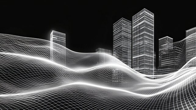 Digital black-and-white illustration, incorporating a reference grid, detailed line work, high-contrast highlights, minimalist and sleek aesthetics, integrating past and future styles