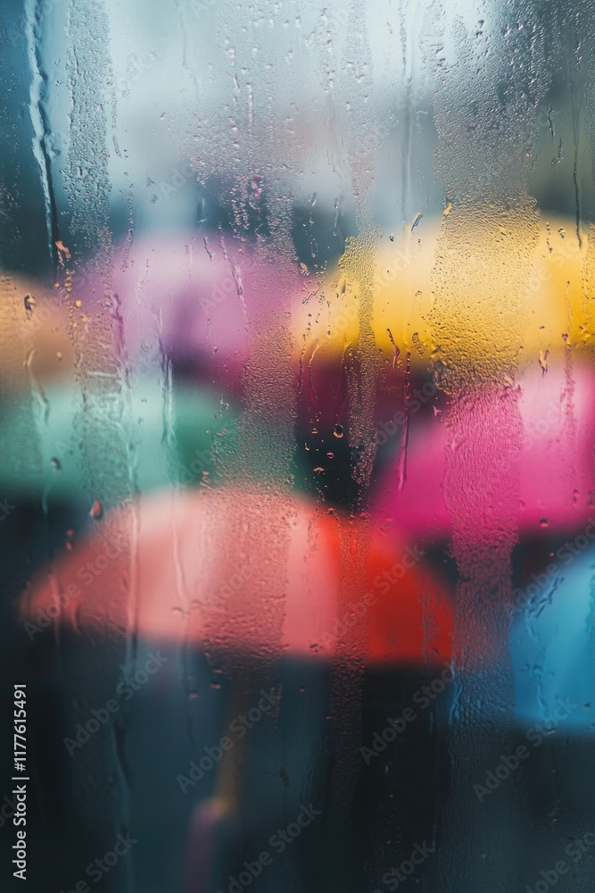 Poster rainy spring day with abstract view of colorful umbrellas seen through misty window leaving ample co
