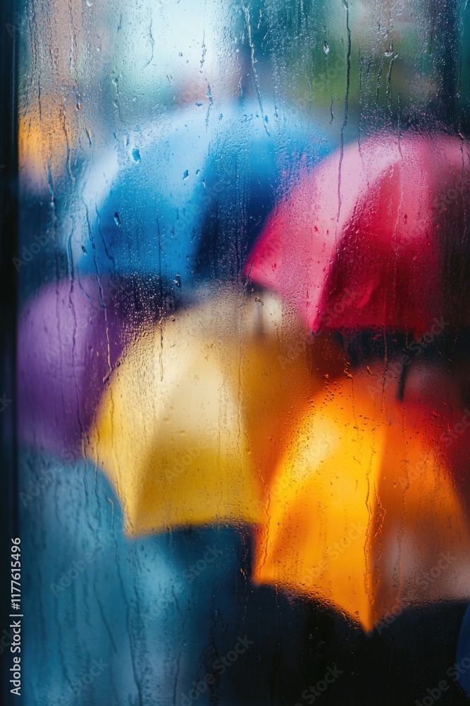 Poster rainy spring day with abstract view of colorful umbrellas seen through misty window leaving ample co